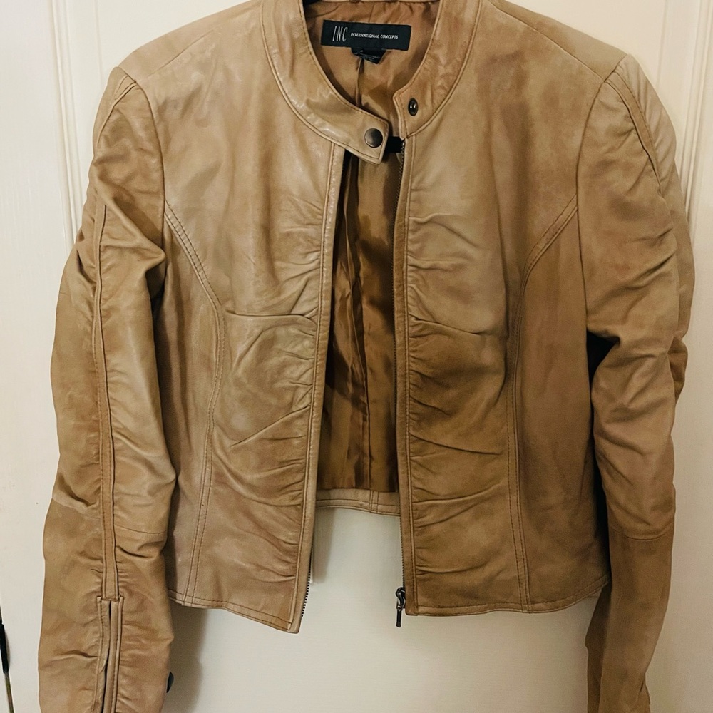 INC (International Concepts) Jacket Waist Length Faux Leather Tan Size M